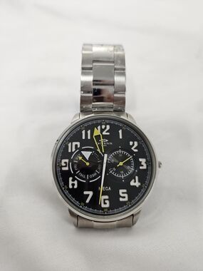 Men's Stainless Steel Watch with Black Dial and Yellow Accents